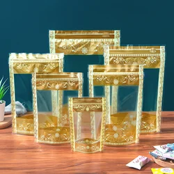100Pcs Stand Up Pouches Gold Flower Printed Clear Plastic Zip Lock Packaging Bag Dried Fruits Tea Candy Storage Bag