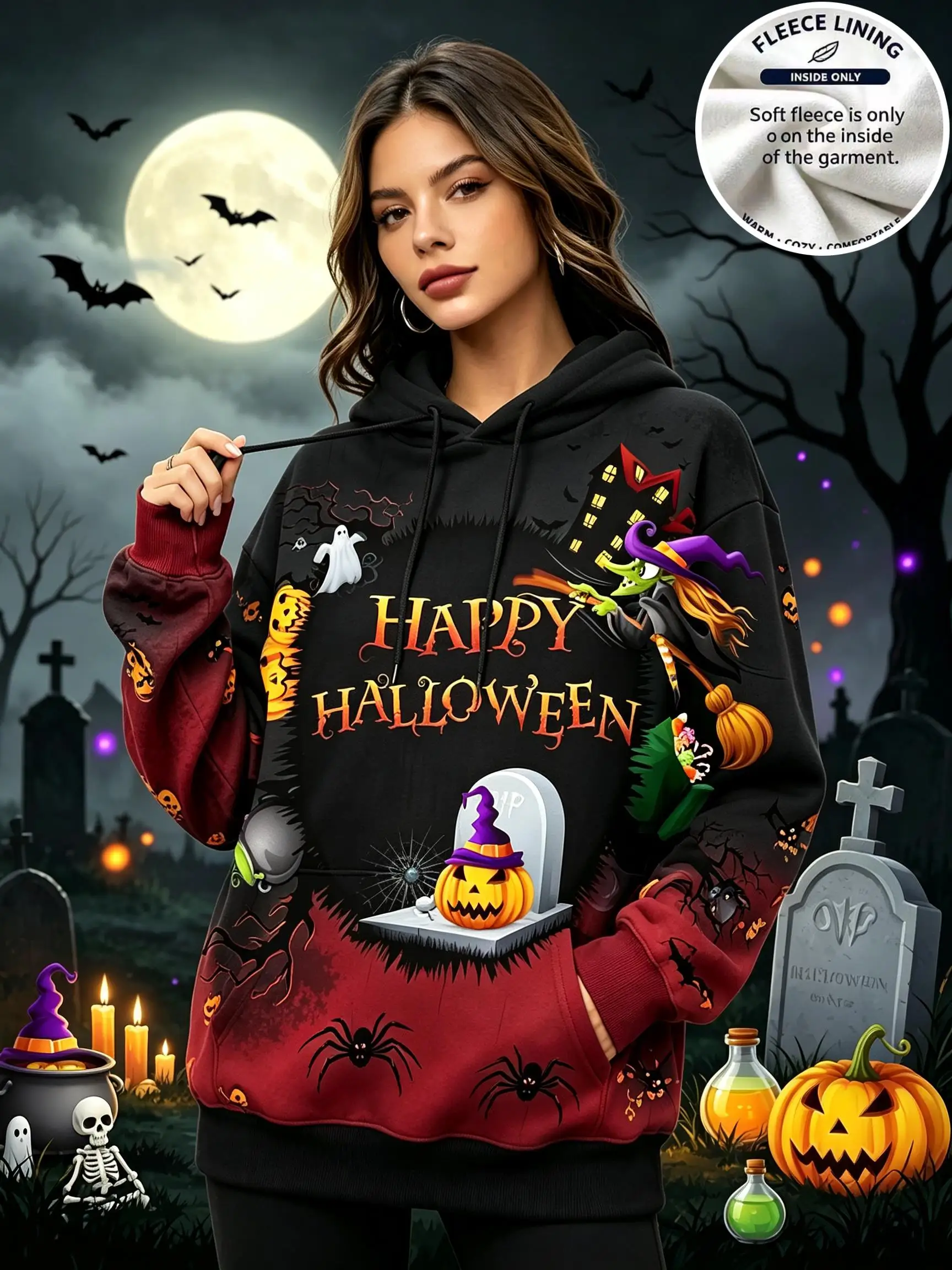 Women Black Wine Red Gradient Halloween Witch Pumpkin Print Hoodie Warm Fleece Lined Drawstring Pocket Pullover