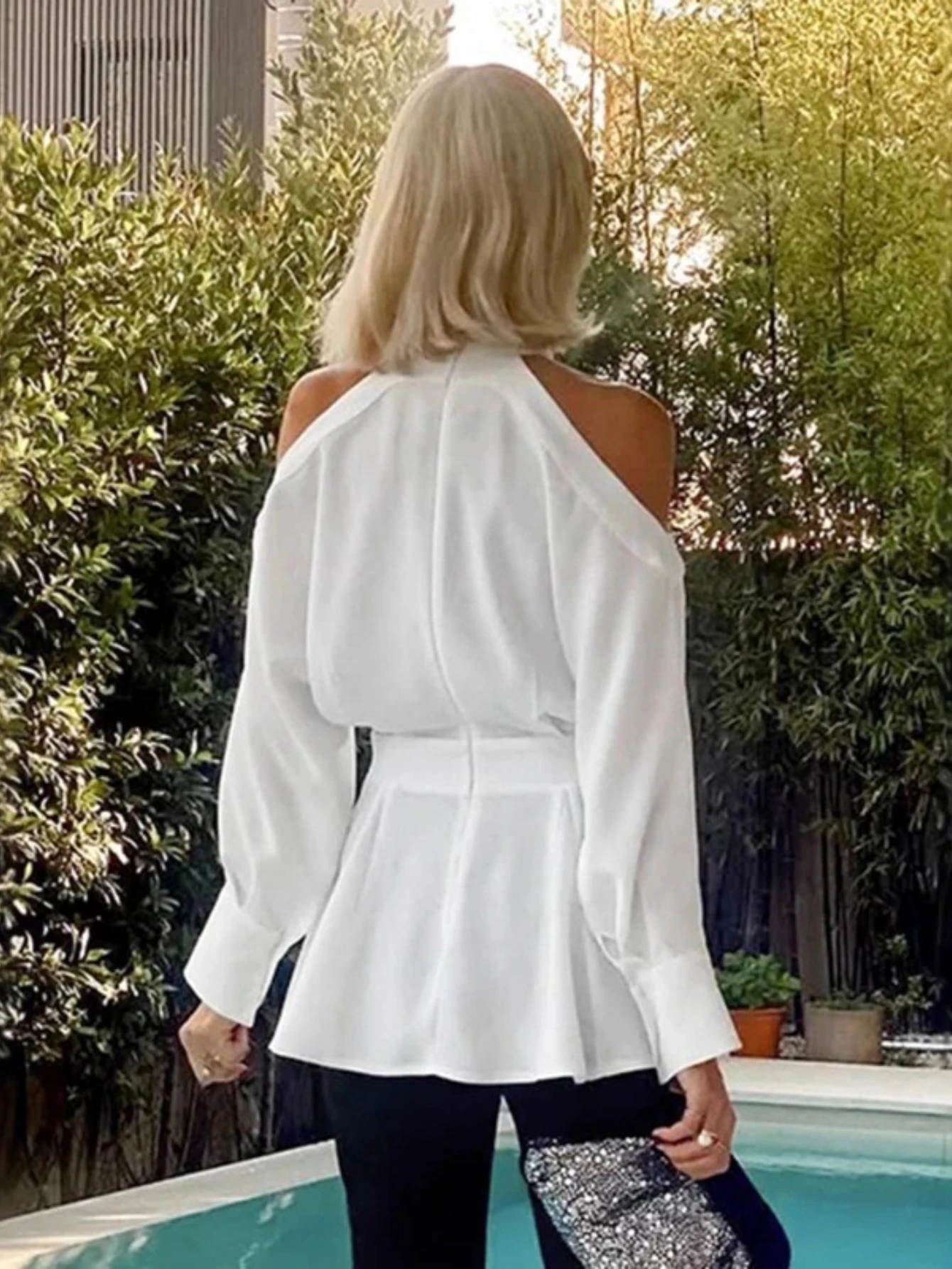 Primavera nova venda quente viajando elegante branco pescoço pendurado chiffon design fora do ombro camisa