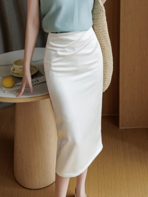 

Ацетатная атласная юбка-миди с разрезом для женщин, летняя, плиссированная, стройнящая, элегантная, универсальная, облегающая