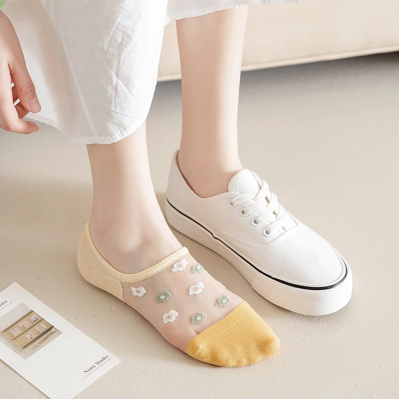 귀여운 작은 꽃 쉬어 여성용 양말, 부드럽고 가벼운 통기성, 편안한 양말 하이 퀄리티, 초박형 삭스, 6 켤레
