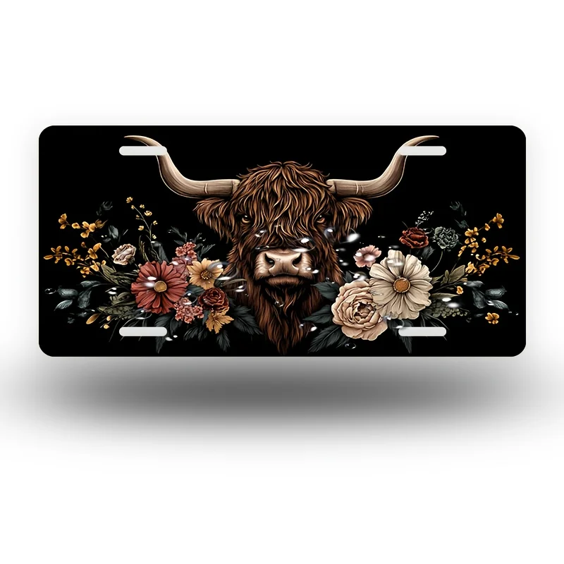 Highland Cow with Various Flowers on Black Front License Plate, Aluminum License Plate Covers & Frames, Funny Standard Plates No