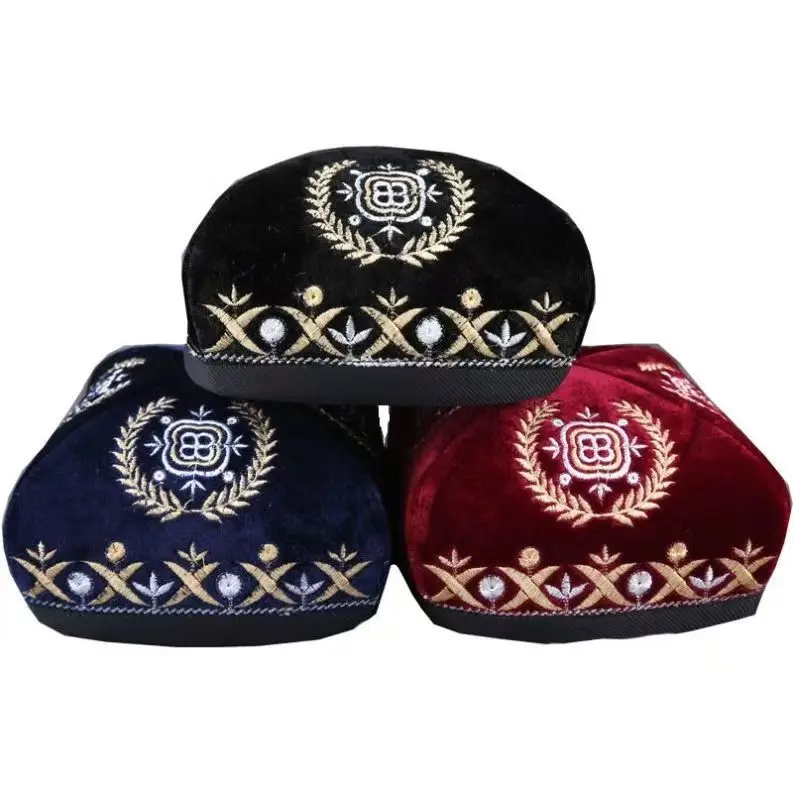 Kazakh Ethnic Caps for Men Embroidery Four-cornered Red Black Hat Dancing Band Performance Headwear Kufi Hats Velvet Fabric