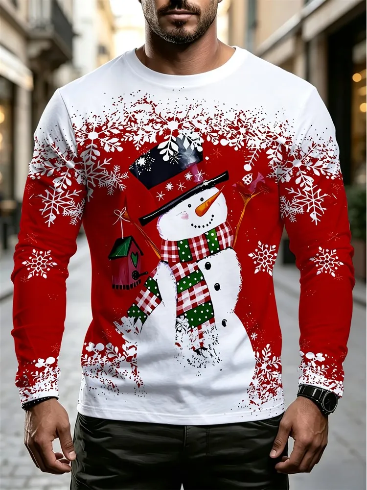 Men's Christmas Snowman Long Sleeve T-Shirt Red White Snowflake Graphic Tee Xmas Winter Holiday Pullover Tops Gift New Hot