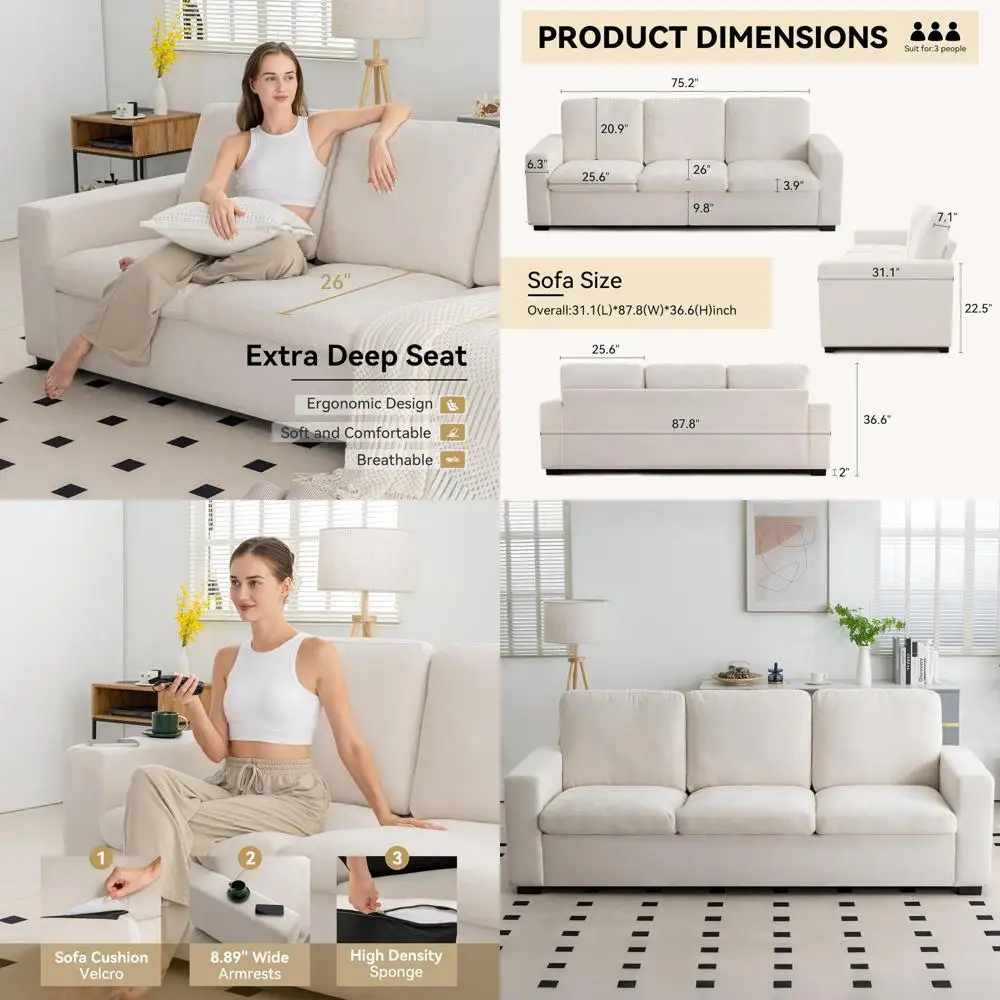 

3 Seater Deep Seat Cotton Linen Loveseat Sofa for Living Room, Dorm, or Office in Cream White