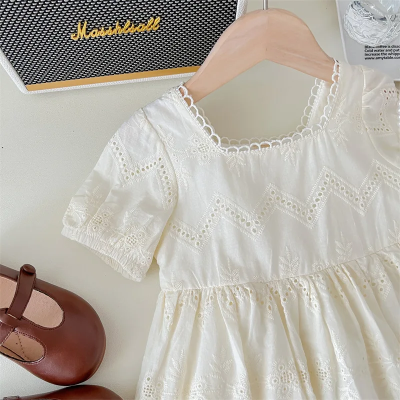 Girls Hollow Bubble Sleeve Dress Kids Round Neck Short Sleeve Solid Color Clothes Summer New Children\'s Lace Casual Frock 2-8Y