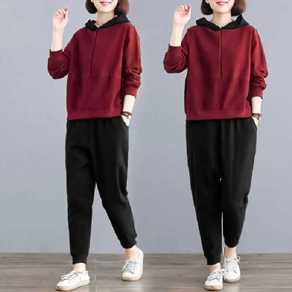 Long-sleeved Top Trousers Set Cozy Hoodie Pants Set for Women Zipper Long Sleeve Tracksuit with Elastic Waist Soft Warm for Fall