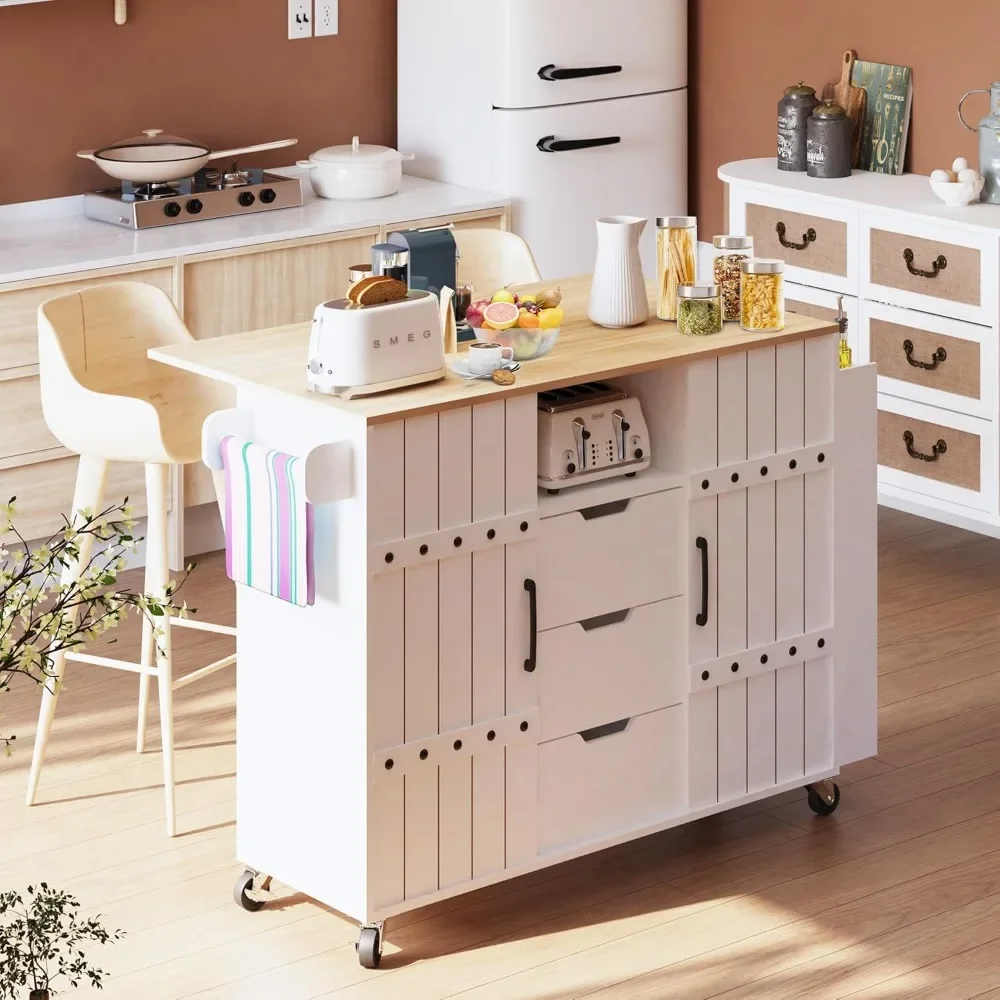 Kitchen Island with Storage, Rolling Kitchen Island Cart with Drop Leaf Countertop, Portable Kitchen Island on Wheels with 3