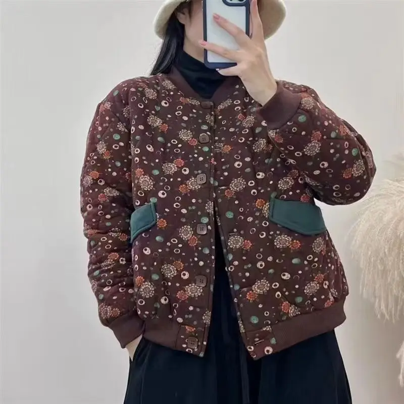 Women's Models Fall Winter Tops Coat Cotton Coat Baseball Clothes Printed Thickened Crushed Cotton Linen Soft Comfortable Niche