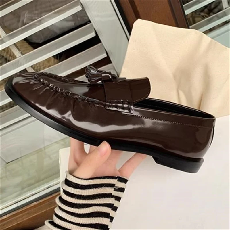 Tassel Shoes for Women Pleated Chassure Femme Round Toes Heels Leather Ladies Shallow Zapatos Mujer Sewing Lines Female Loafers