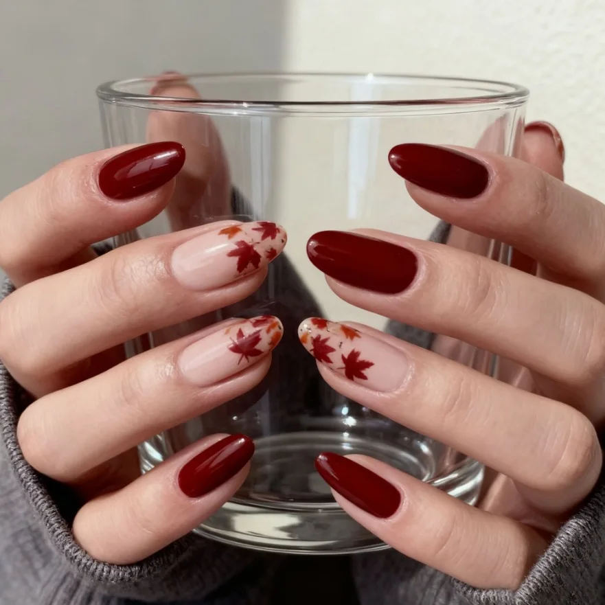 

24PCS Press on Nails Autumn Winter Maple Leaf Almond Shaped Fake Nails European American Simple Fresh Wearable False Nails 네일팁