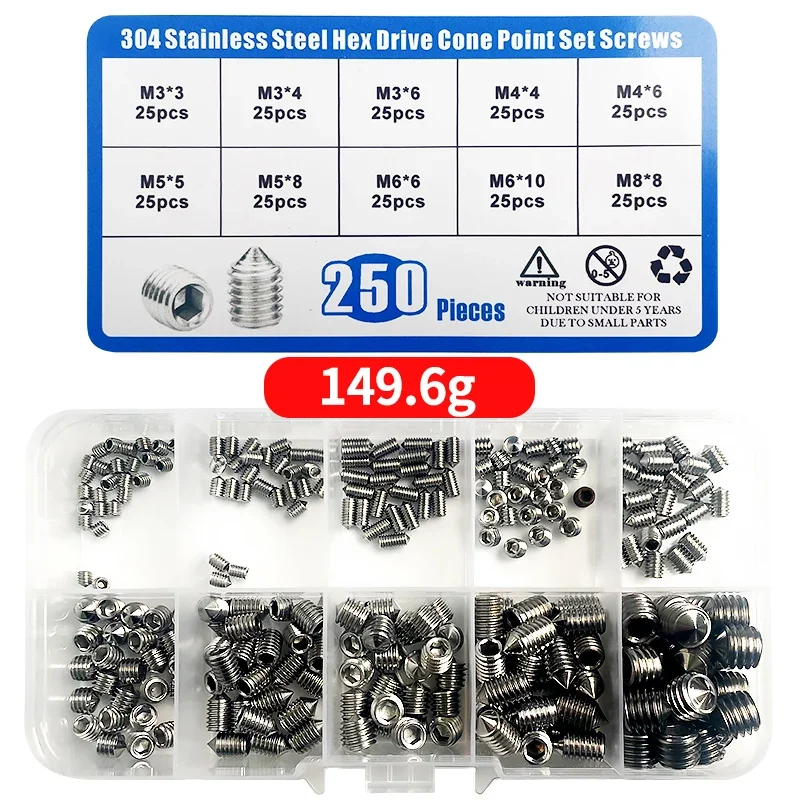 250pcs/Box Hexagon Socket Set Screws Cone Point Grub Screw M3 M4 M5 M6 M8 304 Stainless Steel Allen Head Hex Socket Screw