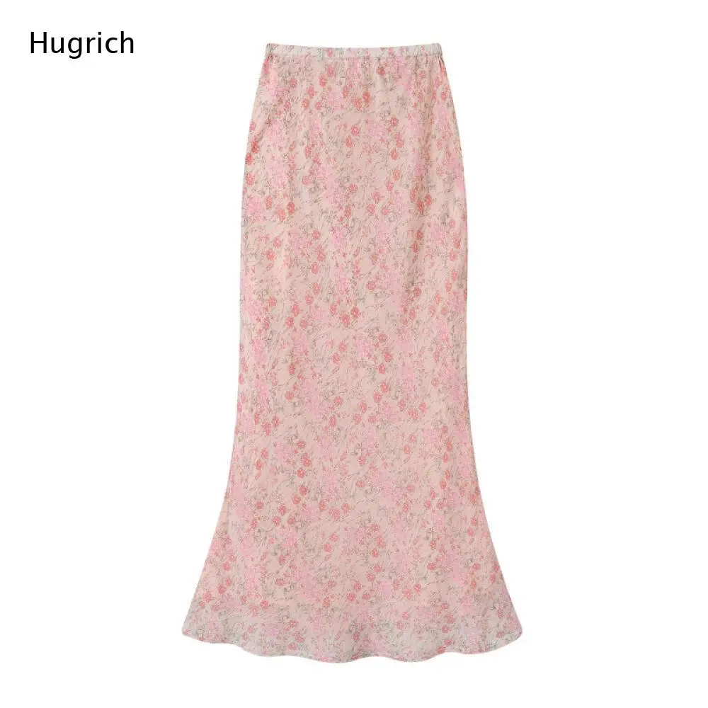 Elegant Ladies High Waist Pink Floral Print Mermaid Long Skirt Soft Satin Flowy Romantic Commuter Maxi Skirt