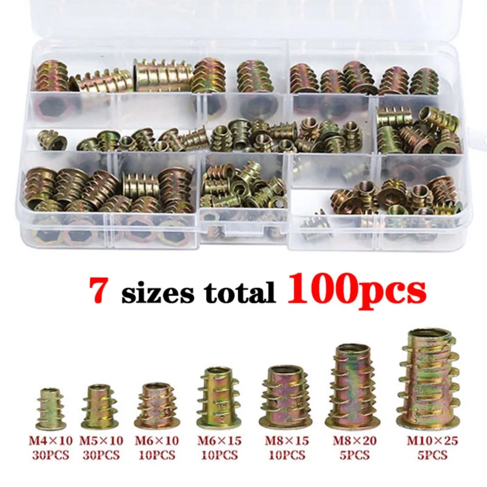100Pcs M4 M5 M6 M8 M10 Threaded Hex Insert Nut Drive Driver Wood Screw Brass Inserts Nuts Furniture Socket