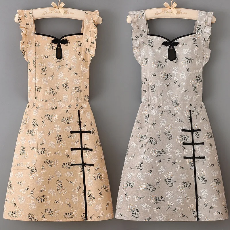 New Sleeveless Apron Women Home Kitchen Anti Fouling Breathable Cooking Chinese Cheongsam Waist Catering Dirt Resistant Durable