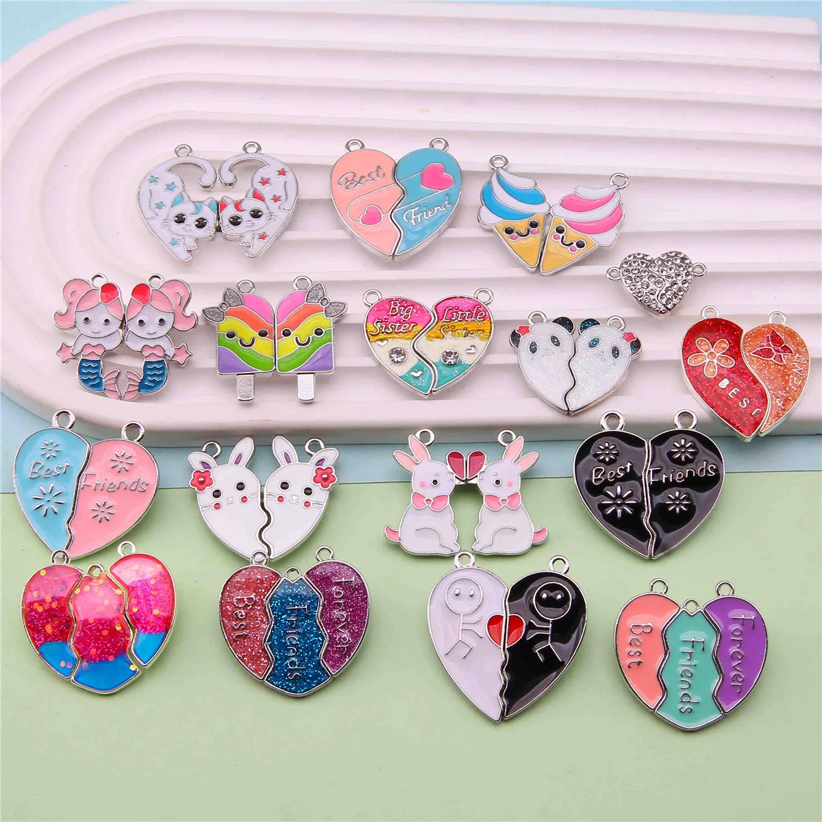 3sets new best friend magnet attracts love alloy jewelry pendant mermaid splicing DIY necklace accessories