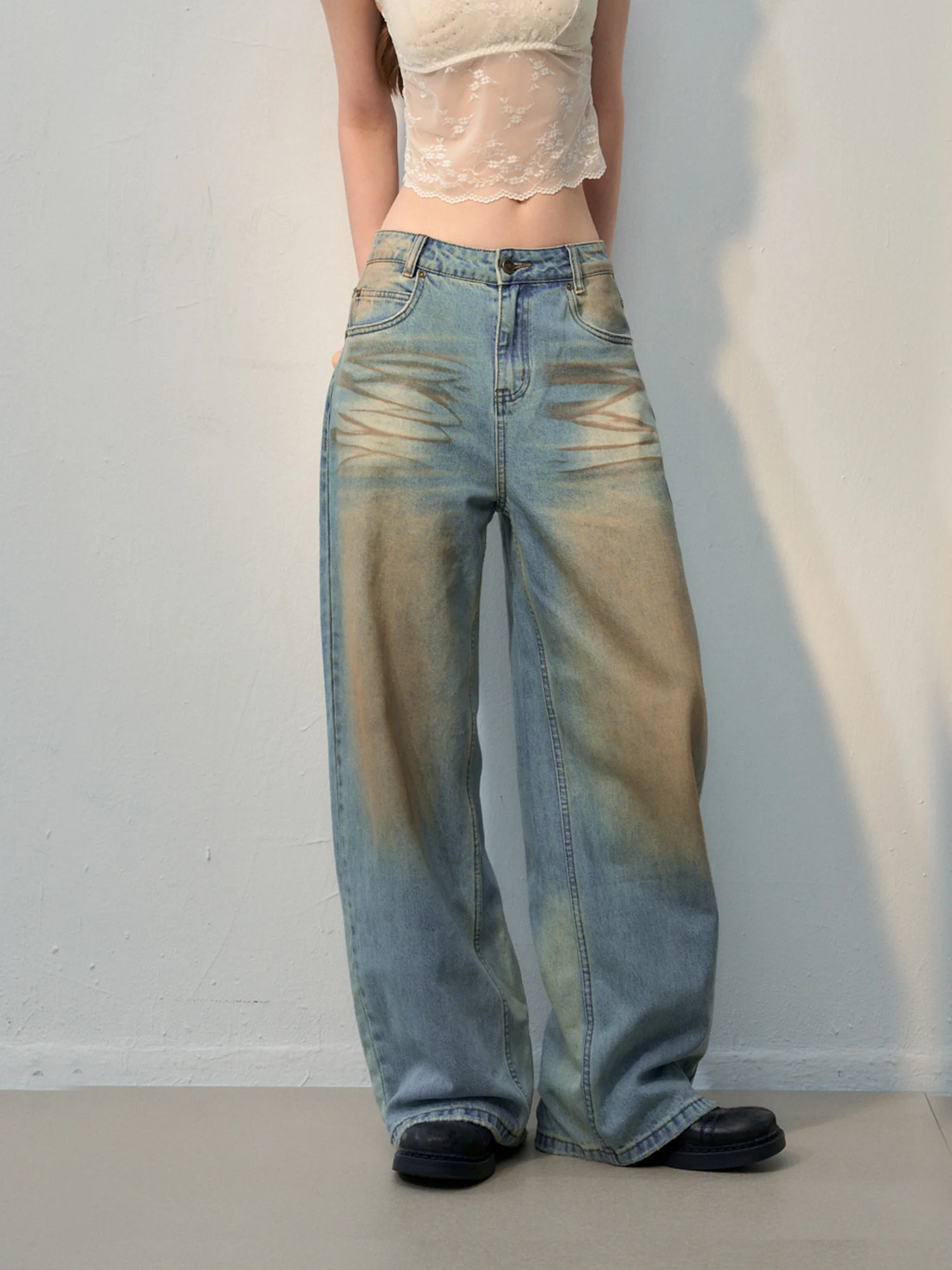 RECOIN R1C Vintage Distressed Light Blue Loose Women's Jeans High Waist Wide Leg Pants Autumn Season Breathable Comfortable