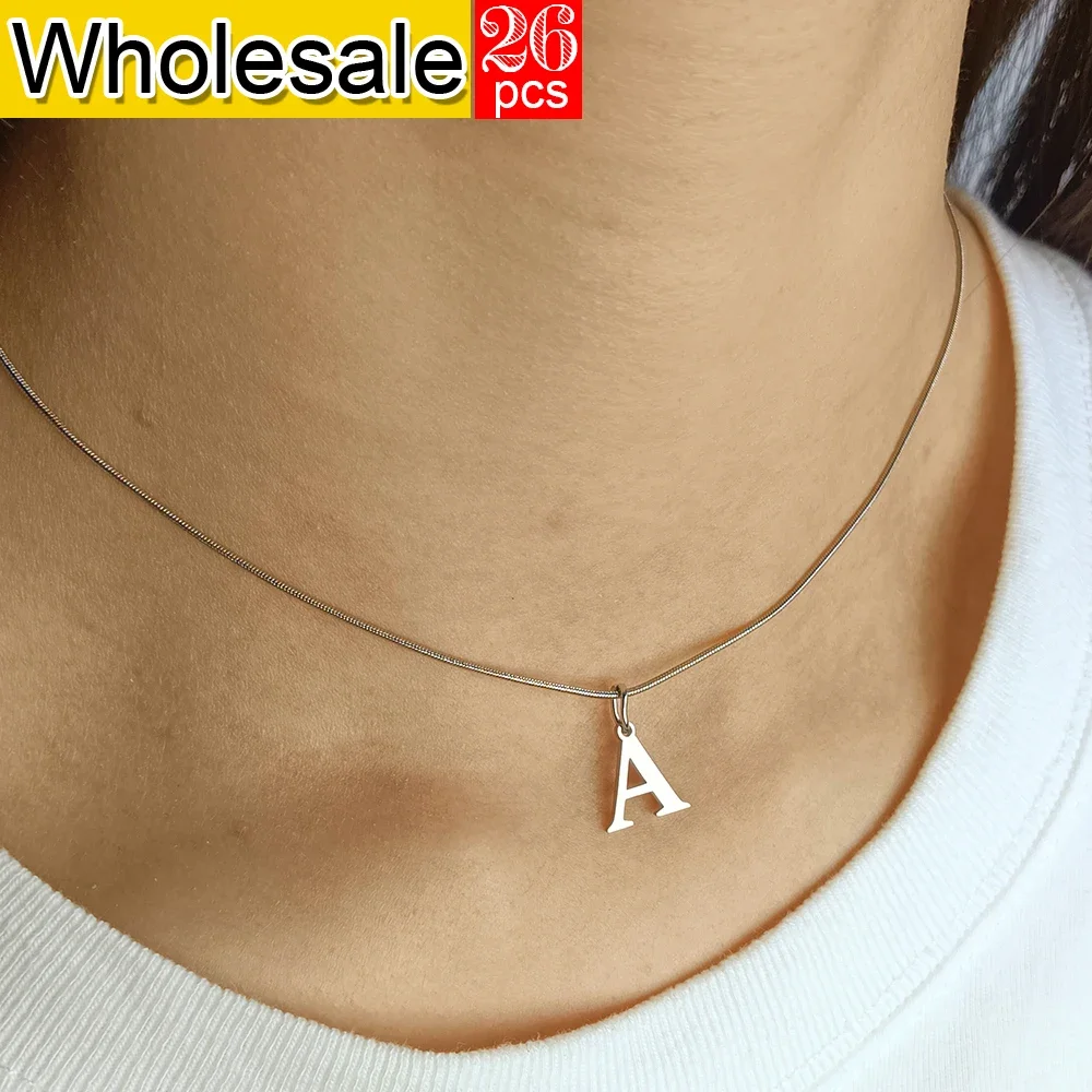 

26PCS Women's Neck Chain Stainless Steel Choker Silvery Women Pendant Necklace Initial Letter Pendants Fashion Jewelry Wholesale