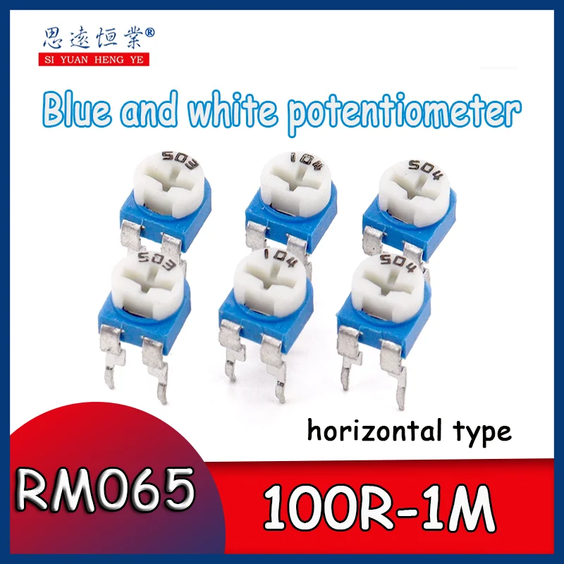 

20pcs RM065 blue and white potentiometer 103 Blue and White adjustable resistor 104 Horizontal 20R 50/100 Ohm 200R 1K 1M