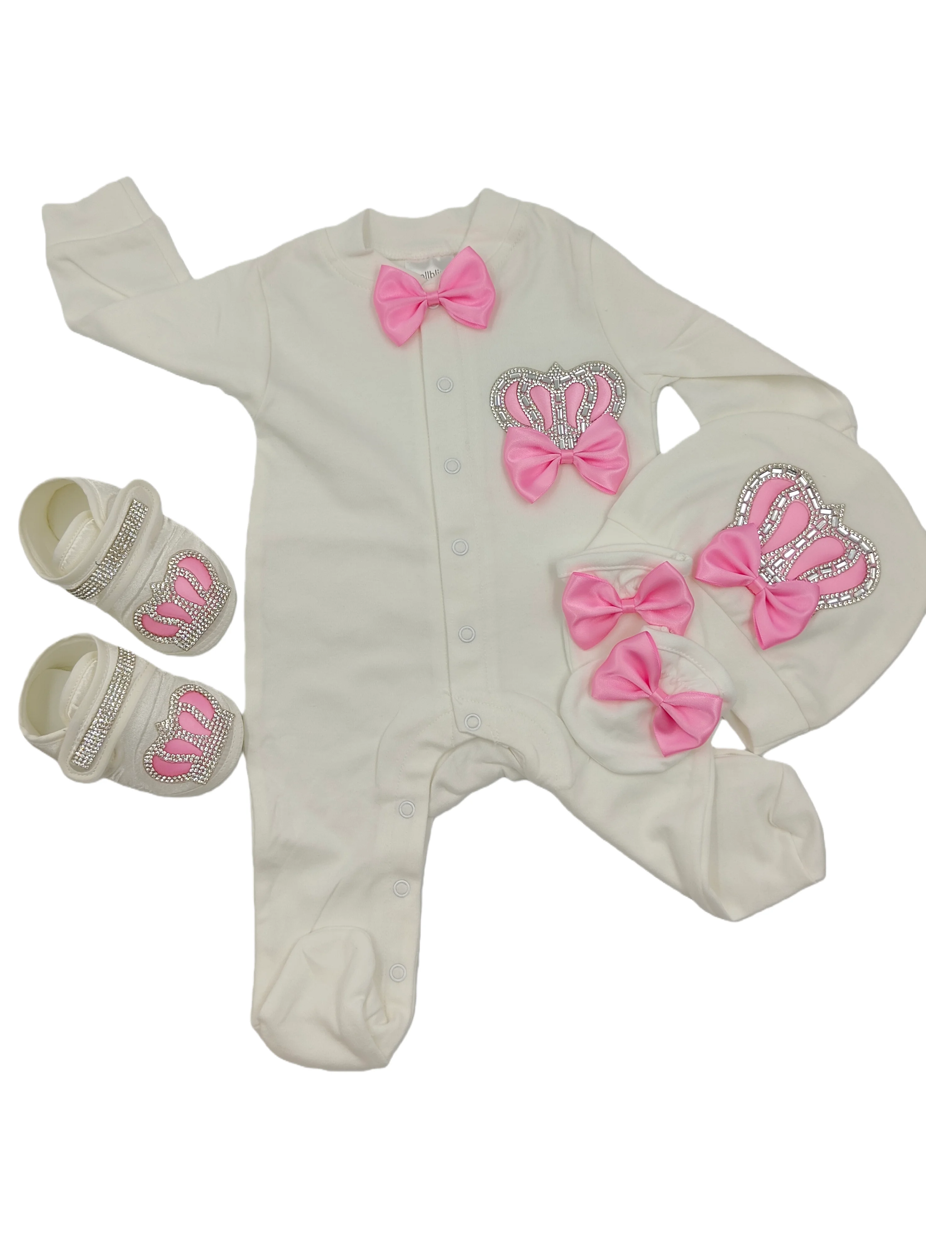 Dollbling Pink & Silver Crown 4-Piece Set For 0-3-Month Baby Girls – Romper, Hat, Gloves, Shoes, Bow Accents, Customizable Name