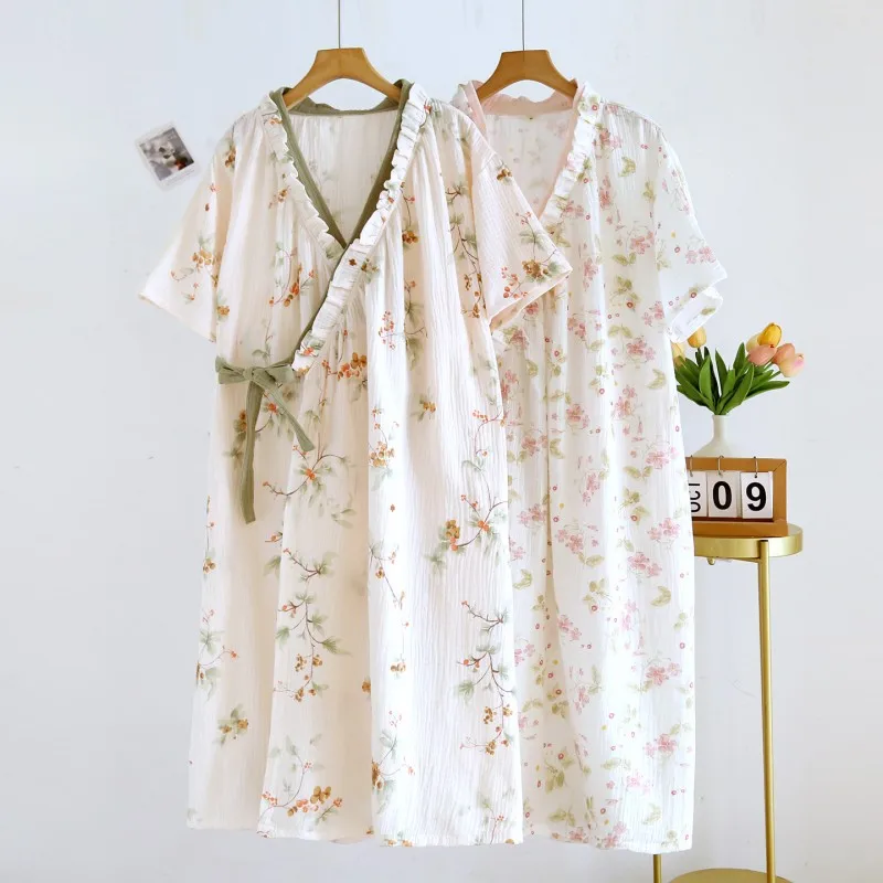 Spring Summer Women Robe Ladies 100% Cotton Crepe Bathrobe Female Sweet Long Sleeve Dressing Gown Japnese Robes Home Clothes