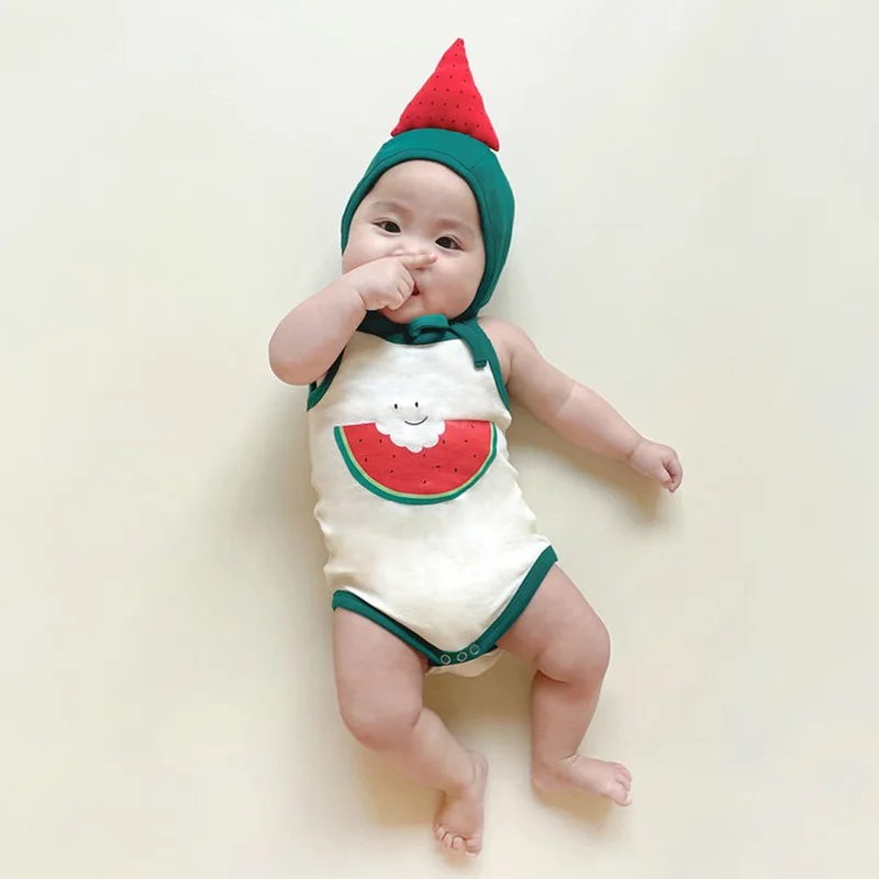 

2026 Summer New Baby Sleeveless Sling Bodysuit + Hat Cotton Infant Boy Girl Cute Cartoon Print Jumpsuit Newborn Clothes 0-24M