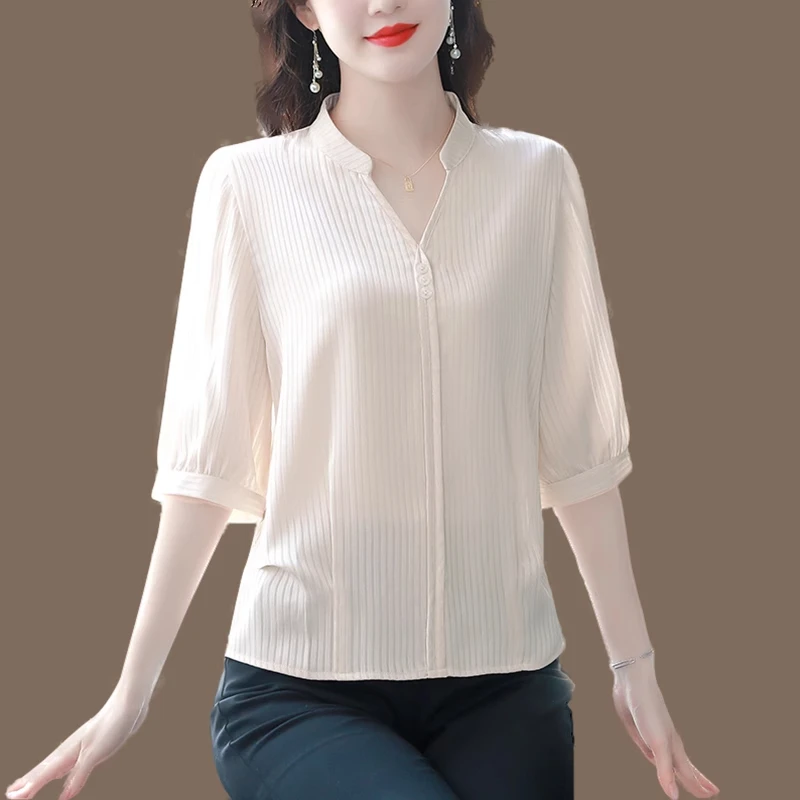 

Ele Faionable Silk Blend Повседневный тонкий све irt Женский универсальный топ из натурального шелка для летнего отдыха с v-образным вырезом