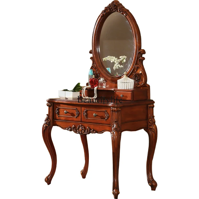 

American-style Solid Wood Dressing Table European-style Vintage Carved Dressing Table with Mirror