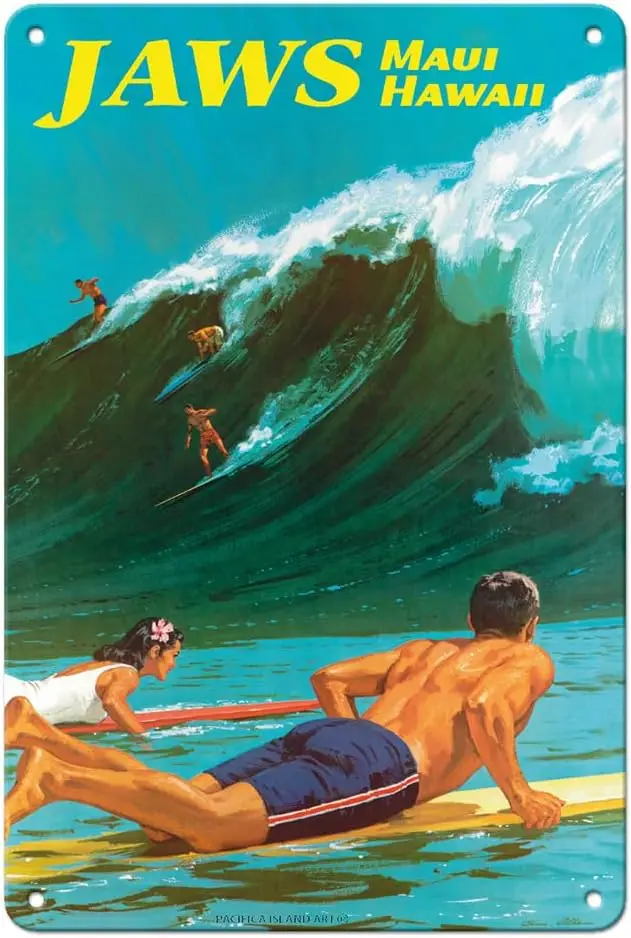 Pacifica Island Art Jaws - Maui Hawaii - Big Wave Surfing - Vintage Hawaiian Travel Poster by Chas Allen c.1950s - 8 x 12 inch V