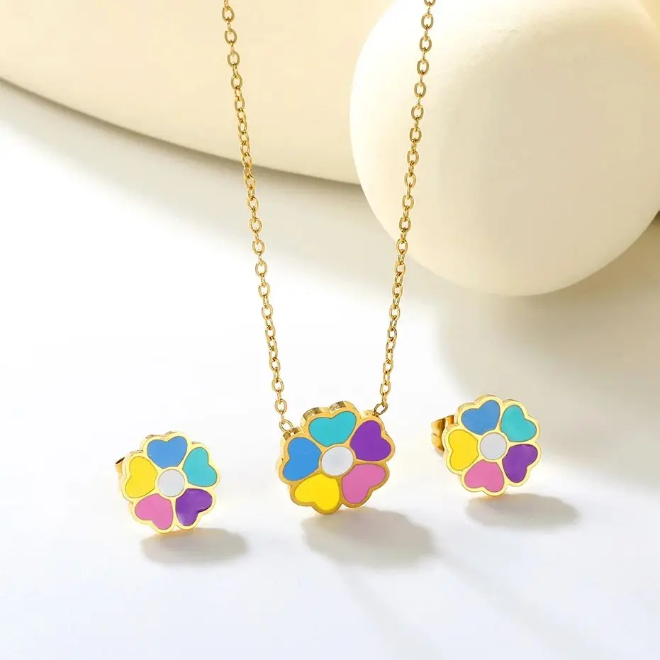 LUXUKISSKIDS-Conjunto de joyería de flores acrílicas de acero inoxidable con dije de Margarita colorida, colgante para niñas, collar, pendientes, regalos de fiesta