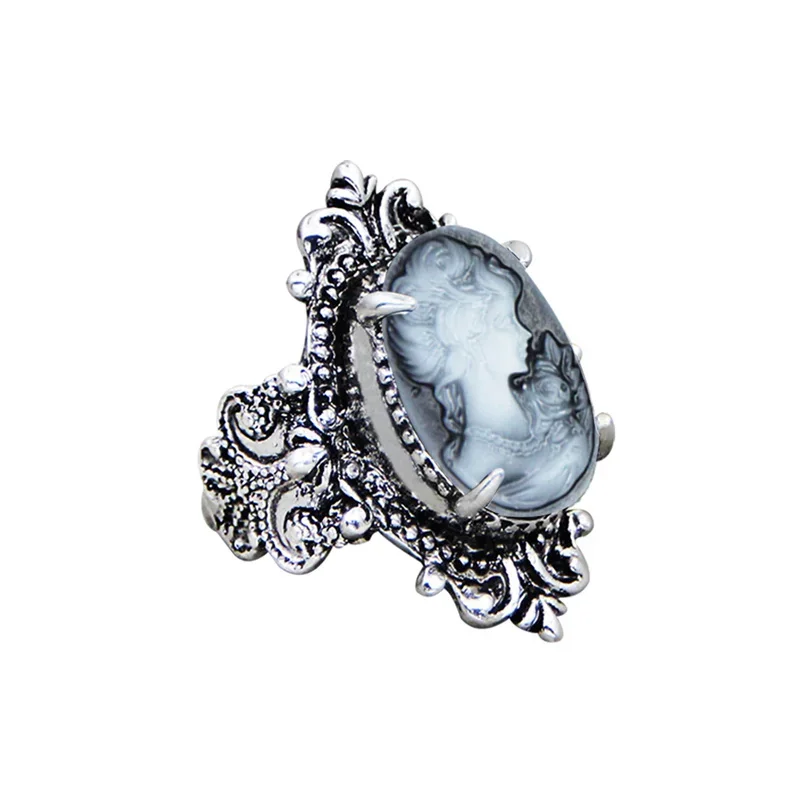 Vintage 6 Colors Lady Queen Cameo Rings For Women Antique Silver Plated Flower Plant Pink Cameo Ring Fashion Jewelry