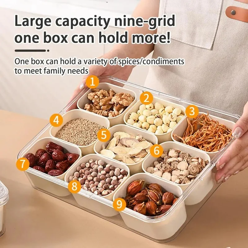 9 Compartments Divided Serving Tray With Lid Portable Snack Box Kitchen Seasoning Food Container For Candy, Anise Pepper