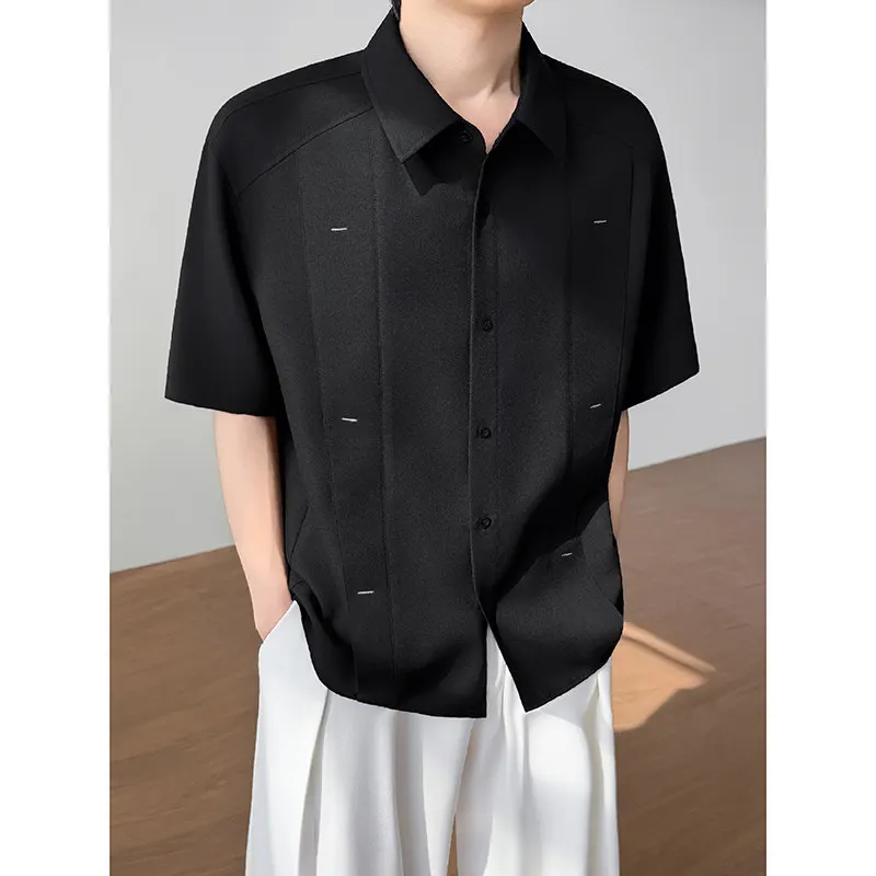 

Casual Men's Shirt Ice Silk mid Sleeve Hong Kong Style Street Fashion Cool Summer Breathable Polyester Fiber Standard Fit