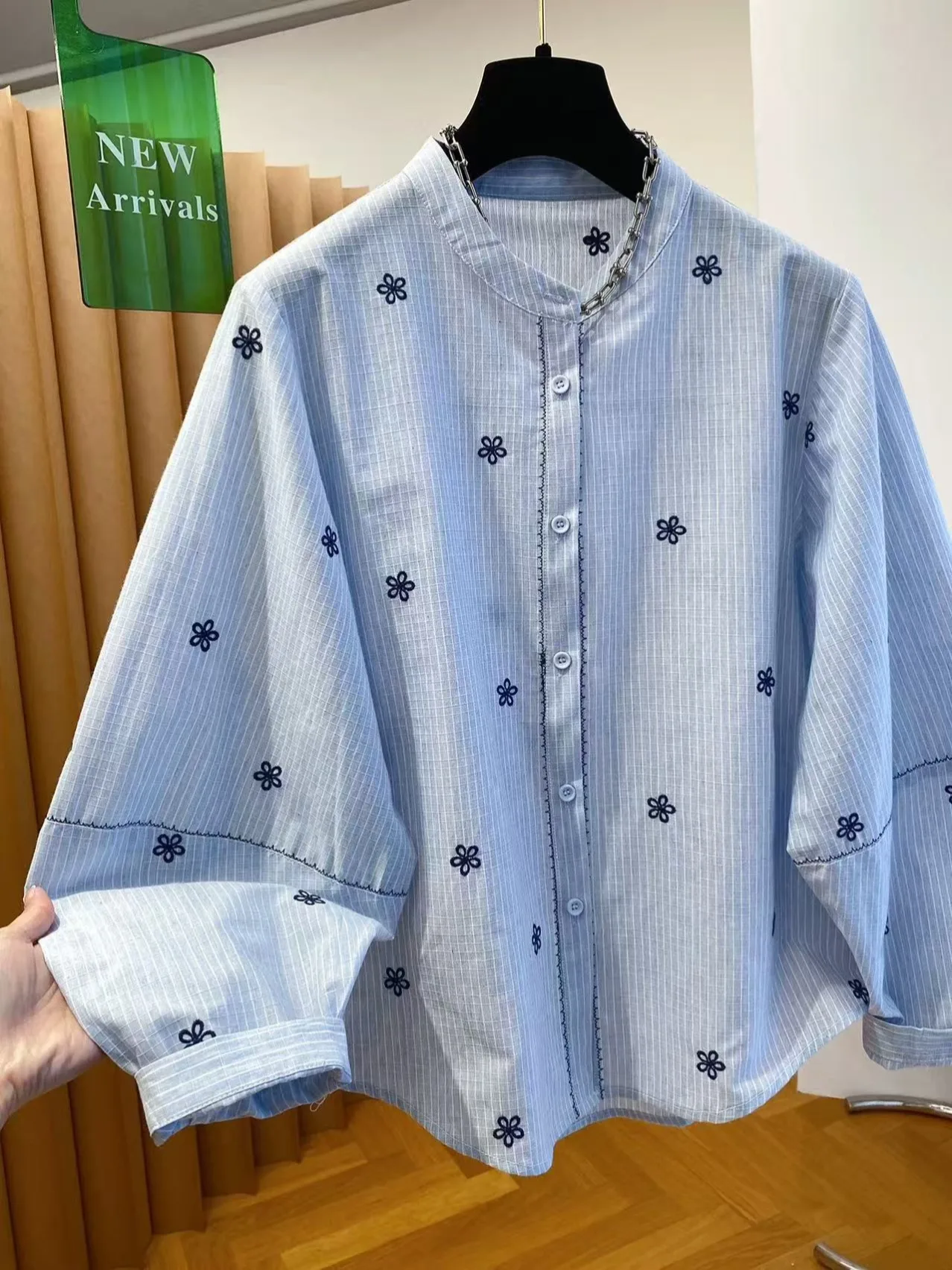 Loose Korean Style Women's Long Sleeve Striped Shirt Spring 2026 Early Spring Breathable Comfortable Cotton Embroidered Flora...