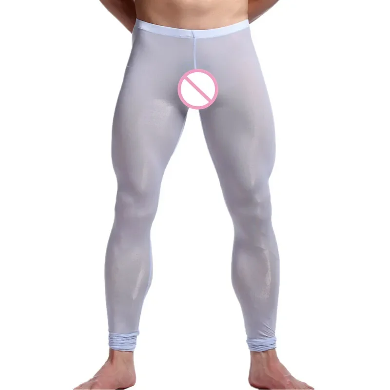 Sexy Mens Sleep Bottoms Ice Silk Ultra-thin Transparent Thermal Pants Cool Leggings Men Long Johns Lounge Tight Pants Underwear