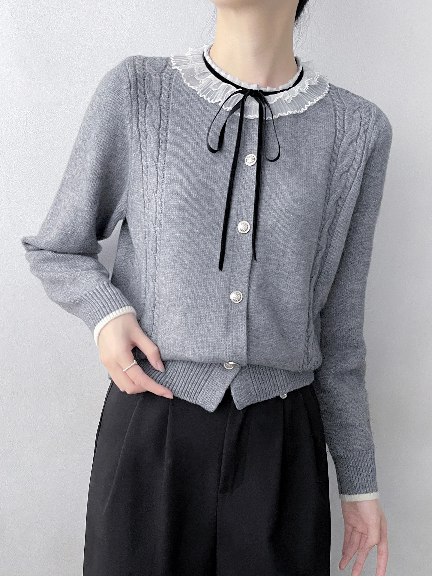 

Корейский вязаный кардиган с длинными рукавами для женщин, осенне-зимний, с кружевной отделкой, на поясе, с открытым передом, из мягкого полиэфирного волокна