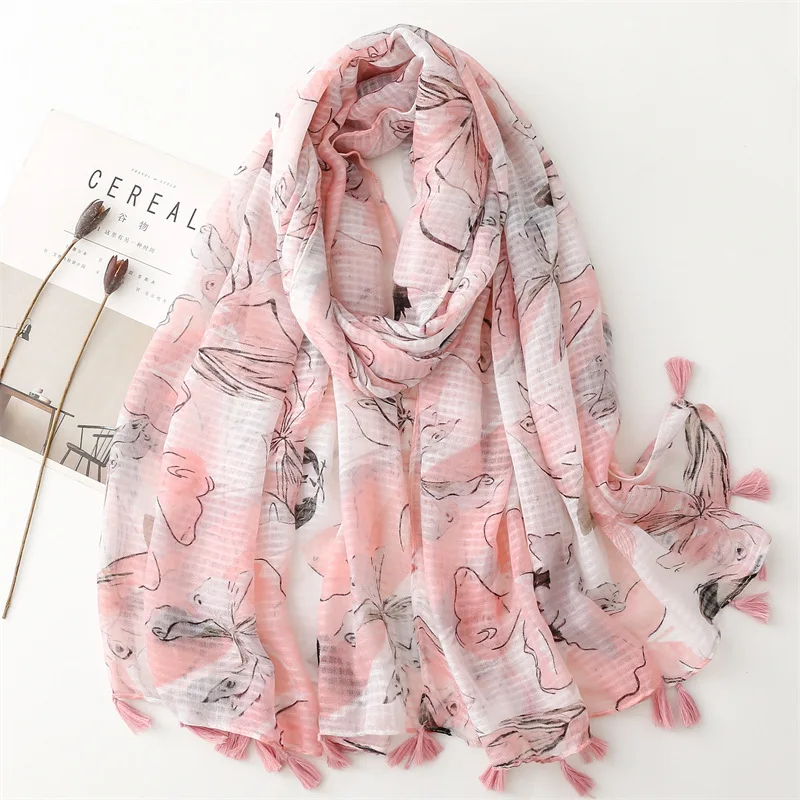 

2023 New Butterfly Print Tassel Scarf Shawls Long Women Floral Pattern Scarves Hijab Wrap Free Shipping