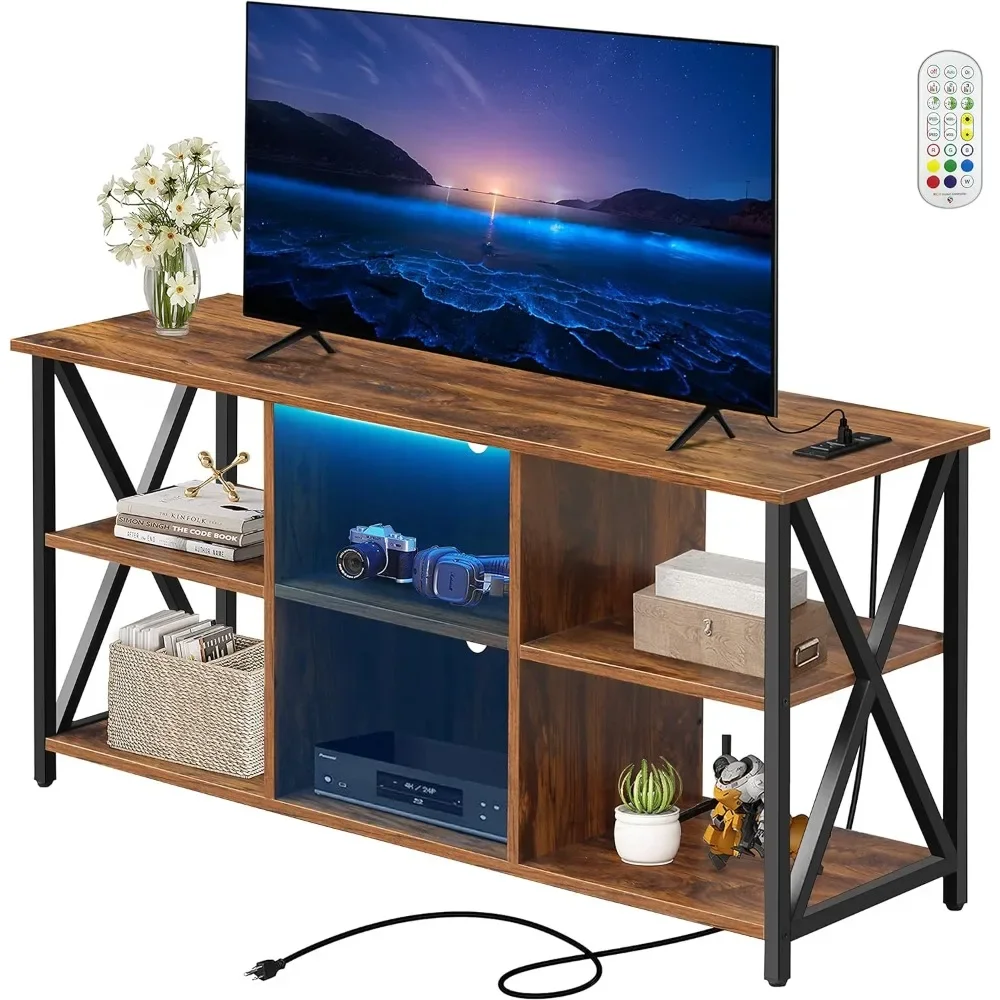 

Fits TVs Up to 55 Inches With Power Socket 6 Open Living Room Shelves Television Tables Furniture for Modern Tv Stand Led Light