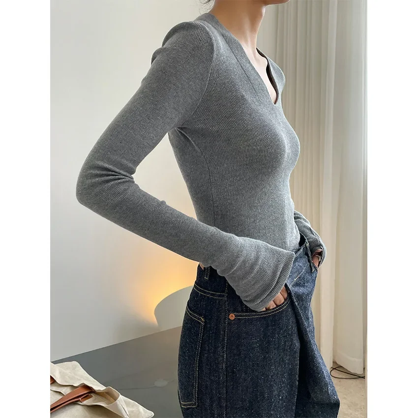 女性用長袖Vネックウールセーター,女の子用Tシャツ,快適,ソフト,セクシー,グレー,スリムフィット,ニットトップ,黒,秋冬