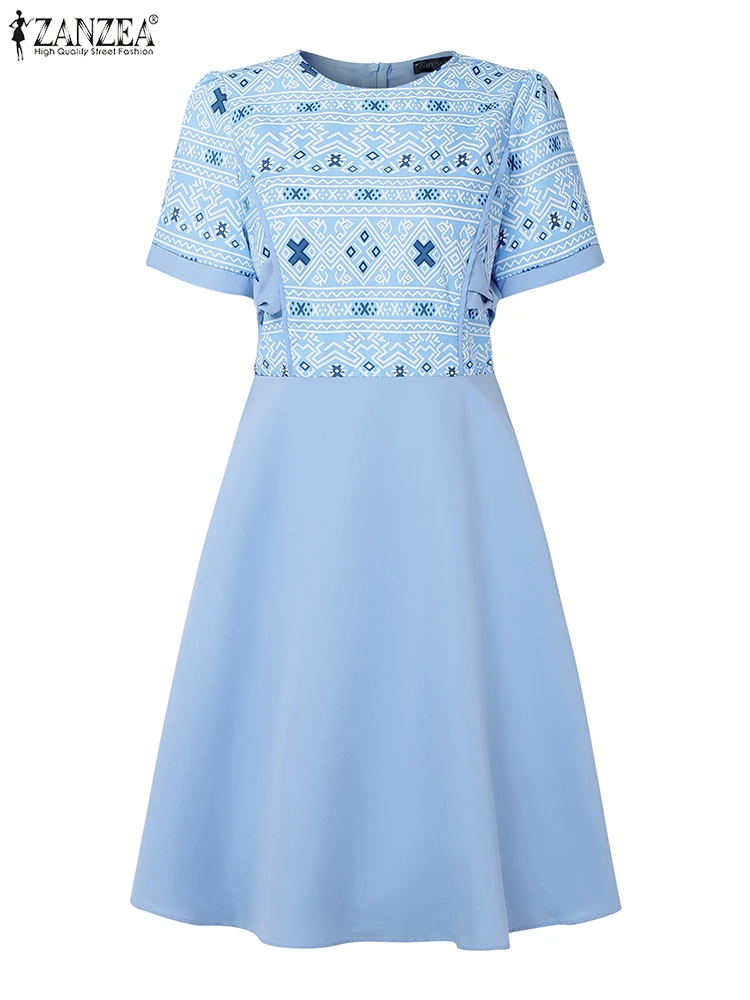 ZANZEA élégant taille ajustée a-ligne Robes femmes vacances ethnique géométrique imprimé Patchwork col rond manches courtes Midi Robes Femme
