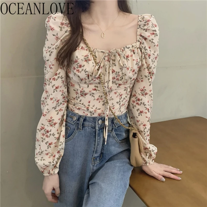 

OCEANLOVE Sweet Floral Blouses Square Puff Sleeve Elegant Spring Autumn Women Shirts Korean Fashion Vintage Blusas Mujer