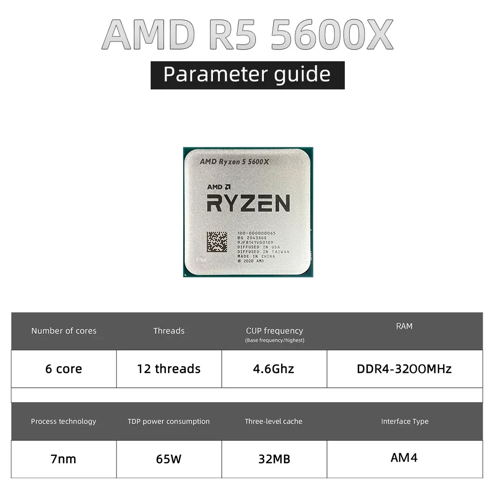 Novo AMD Ryzen 5 5600X CPU 6Core 12 hread AM4 Processador 7NM 65W L3=32M