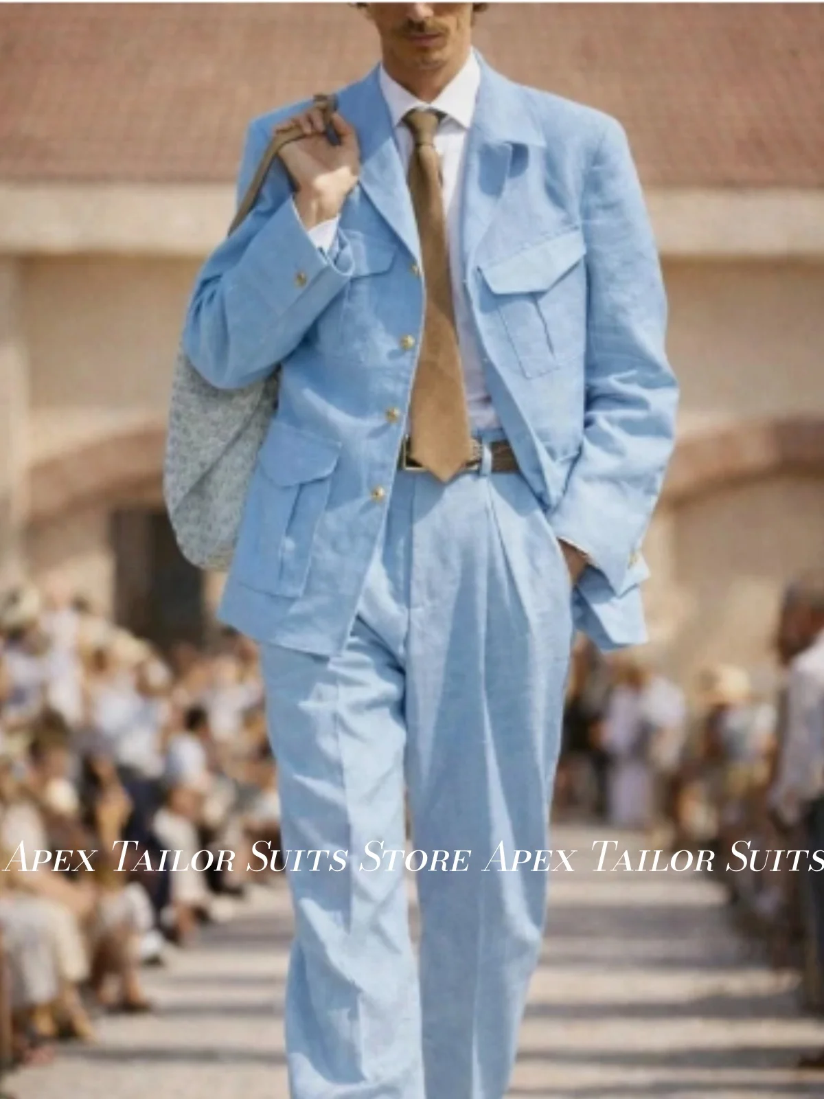 Men 2‑Piece Safari Jacket Light Blue Linen Gold Buttons Multi Pockets Blazer Pants Summer Casual Wedding Work wear Outfit