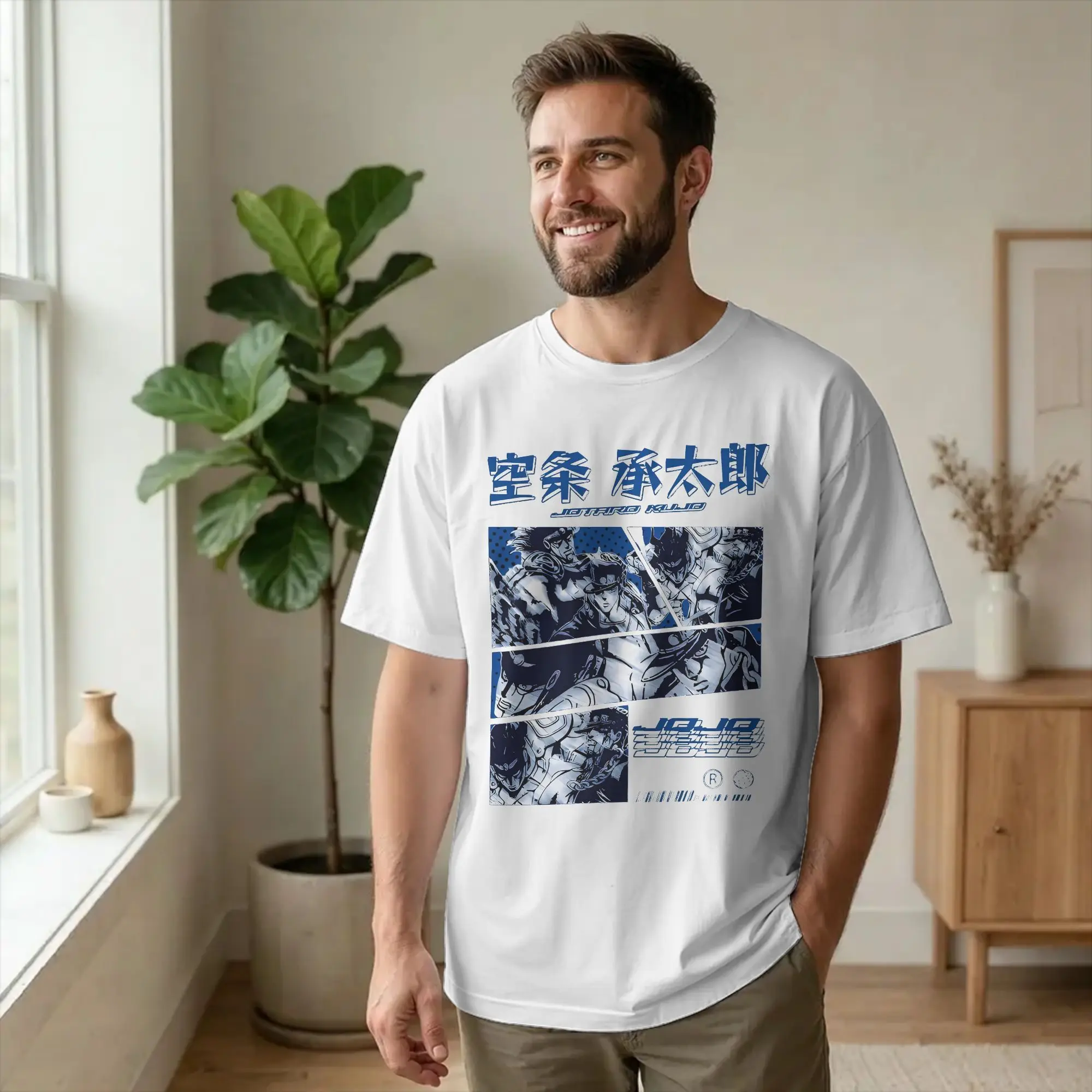 Kawaii Jotaro Kujo Joestar Family Bizarre Adventure Tshirts Men Round Neck Short Sleeve Clothes  Cotton Summer Clothes