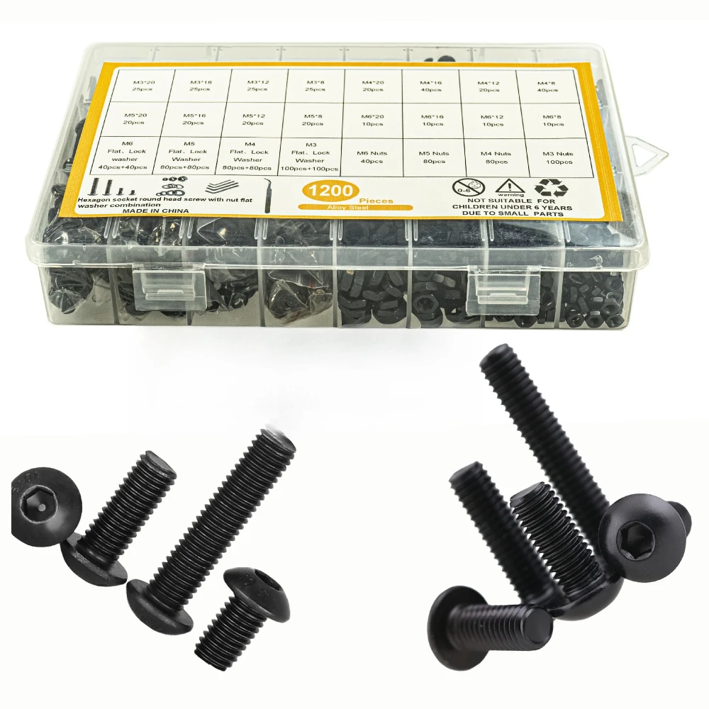 

1200pcs Disk Head Hexagon Socket Screws with Nuts and Flat Spring Washers Set 1045K Carbon Steel M3 M4 M5 M6 Nut & Bolt Sets