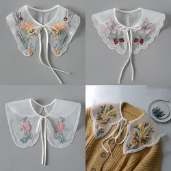 Floral Embroidery Shawl Fake Collar Women Detachable Collars Tie White Neckline Neckband Lolita Doll Fake Collar Shoulder Wrap