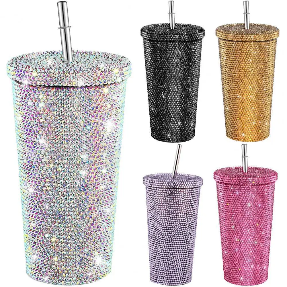 

2023 Stainless Steel Rhinestone Luxury Water Bottle Black Pink Tumbler with Lid and Straw Thermos for Water Drinkware Coffee Cup