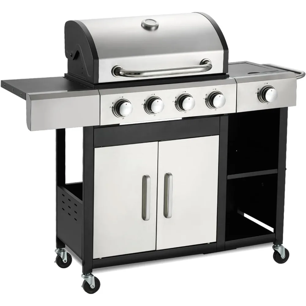 

4-Burner Propane Gas Grill with Side Burner & Cabinet - 49,000 BTU Stainless Steel BBQ Grill, Porcelain-Enameled Cast Iron Grate