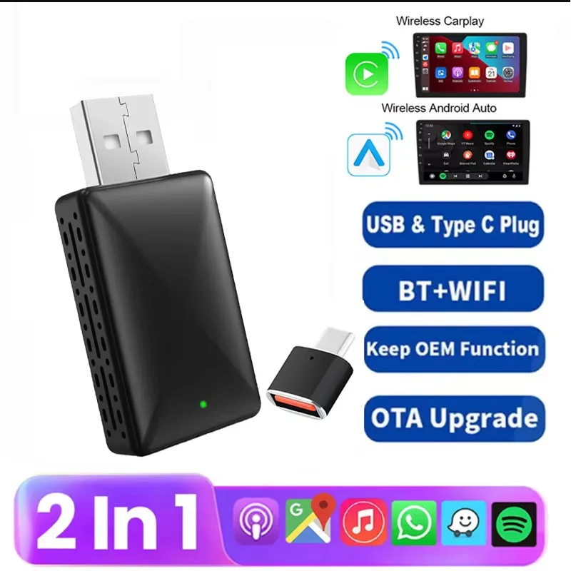 

2 в 1, проводной-беспроводной адаптер Carplay, Android Auto Plug & Play, USB-ключ типа C, подключение для VW Benz Audi Kia Jeep Hyundai