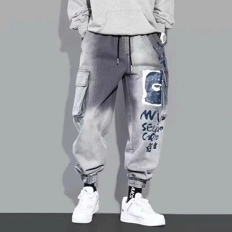 2023 wiosenny i jesienny nowy Streetwear workowate dżinsy mężczyźni koreański Denim Cargo spodnie dżinsowe Baggy Harem Jean spodnie męskie marki odzież